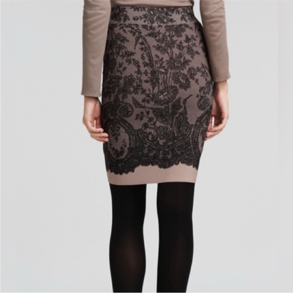 BCBGMaxAzria Black and Nude Lace Print Bodycon Pencil Skirt